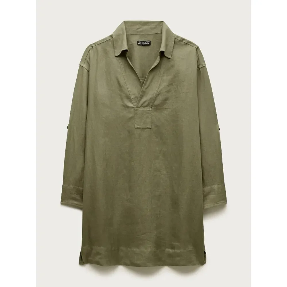 J.Crew Boho Casual V Neck Popover Mini Dress Linen Green S
